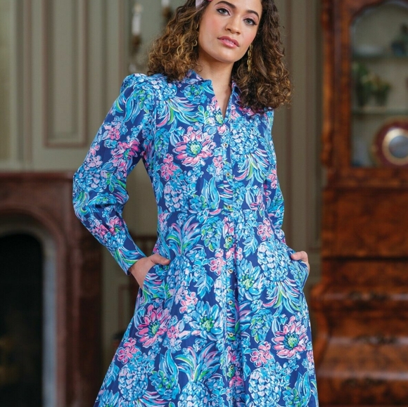 Lilly Pulitzer Dress Mira Shirt Stretch 6 Small Pineapple Paradise Blue High - Picture 2 of 10